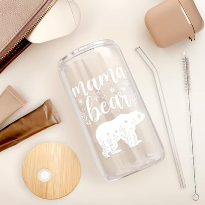 Mom Gifts - Mama Bear 16 Oz Can Glass Tumbler with Bamboo Lid and Straw - Iced Coffee Cups for Women, Aesthetic Glass Cup Gift for Birthday Christmas Mother's Day - color: Mom 4