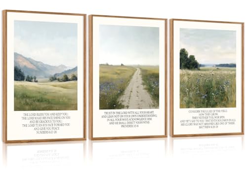 CHDITB Christian Framed Canvas Wall Art Set Of 3, Rustic Landscape Scripture Wall Decor, Religious Nature Bible Verse Wall Painting Botanical Field Art Prints For Home Office Church Decor 12”X16” - color: Scripture