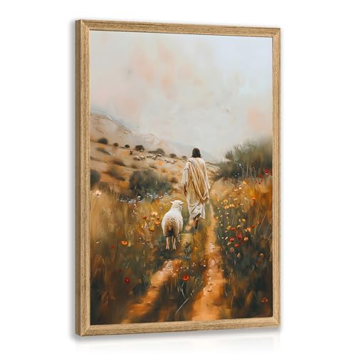 CyebmoJesus and Lamb Wall Art, Vintage Religious Christian Wall Decor, Leaves the 99 Sheep Art Print, Abstract Jesus Picture Wrapped Canvas Painting for Church Prayer Room Bedroom Wood Framed 12"x16" - color: JesusLamb(Wood), size: 16"L x 12"W