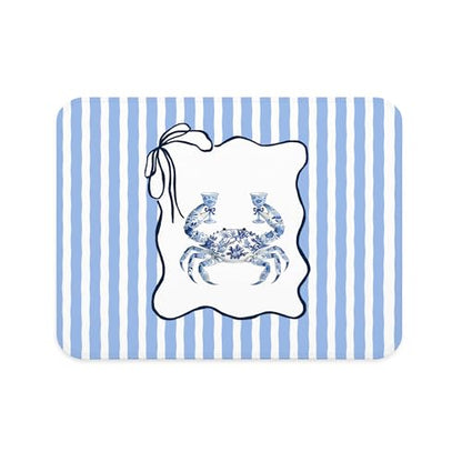 Blue Chinoiserie Crab Beach Mouse Pad, Trendy Blue Striped Coastal Ocean Mouse Pad for Beach House Home Office Computer Laptop Desk Accessories, 9.5x7.9 Inch - color: Blue Crab