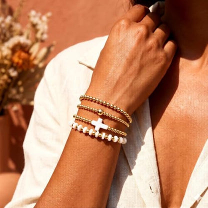 Gold Beaded Bracelets Stack for Women Stackable 14K Gold Plated Beads Ball Cross Bracelet Boho Christian Jewelry Faith Friendship Birthday Gifts for Women - color: 4pcs-White Cross
