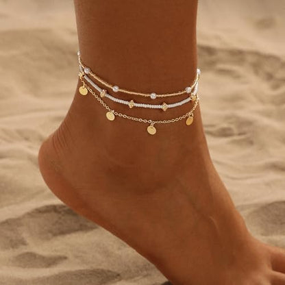 Ankle Bracelets for Women Waterproof Non Tarnish Anklet - style: 3 Layered Pearl&Disc-GD