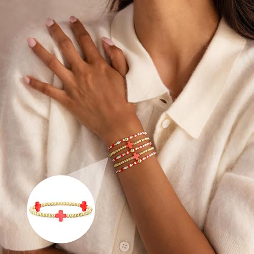 M MOOHAM Beaded Bracelets for Women Teen Girls, 14K Gold Bracelet Stack - color: Red Cross