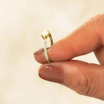 Cross Rings for Teen Girls Silver/Gold Heart Ring Cubic Zirconia Adjustable Ring Inspirational Pray Cross Heart Religious Christian Faith Jewelry Gifts for Her(Gold)6# - color: gold 6#