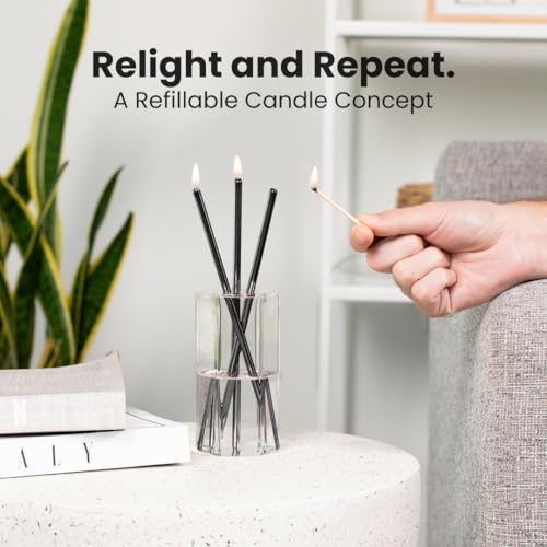 Refillable Candle Set - Unscented Paraffin Oil Candles Set with Metal Candlesticks, Glass Vase & Steel Funnel - Decorative Candles Gift Set for Home Decor, Events and Gifts - color: Black