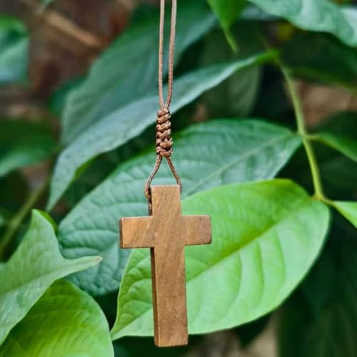Kim Carrey Handmade Natural Solid Wood Cross Necklace Pendant - style: Flat comes with a rope chain