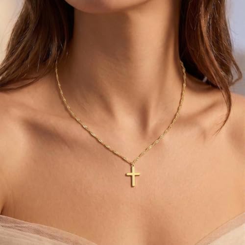 Gold Cross Necklace for Women Dainty 14K Gold Plated Cross Necklace - color: Gold-Twist Chain