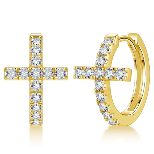 Moissanite Sterling Silver Cross Earrings for Women Huggie Drop - color: Cross Hoops (Gold)