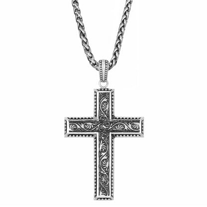 Metro Jewelry Antique Cross Pendant Necklace for Men in Stainless Steel 24 Inches Wheat Chain 3 mm Wide Lobster Claw