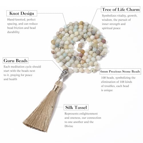 INBLUE 108 Mala Prayer Beads Wrap Necklace with Long Tassel Boho Necklace for Women Amazonite Bead Bracelet with Spiritual Tree of Life Pendant 108 Beads Necklace for Meditation - color: Natural Amazonite