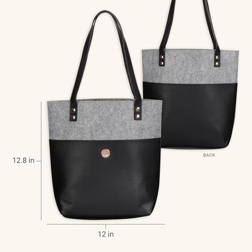 Christian Art Gifts Felt and Faux Leather Fashion Bible Tote Bag for Women: Love Never Fails - 2 Corinthian 13:8 Inspirational Bible Verse, Black and Gray Tote Bag for Travel, Books & School Supplies - color: Charcoal Black/Love