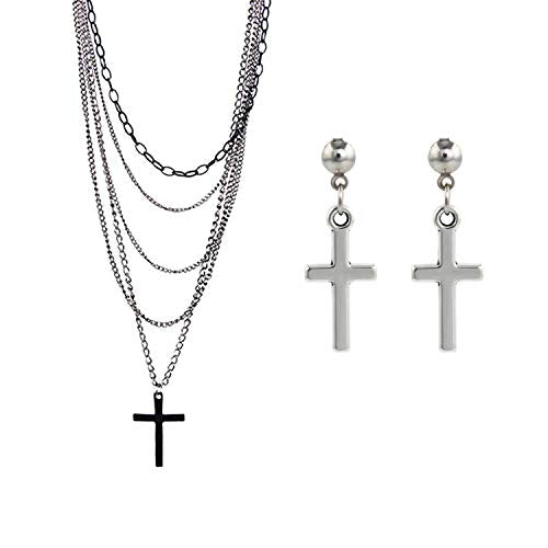 PPX Multilayer Gothic Retro 80s Black Long Chain Fashion Cross Necklace and Stainless Steel Dangling Cross Earrings for Men Women-with Storage Box