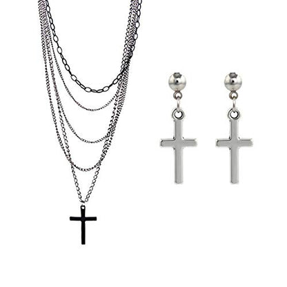 PPX Multilayer Gothic Retro 80s Black Long Chain Fashion Cross Necklace and Stainless Steel Dangling Cross Earrings for Men Women-with Storage Box