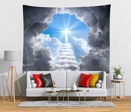 Loccor Cross Tapestry Stairway to Heaven Tapestry Wall Hanging Heaven Clouds Holy Jesus Cross Wall Hanging Religous Church Decor Home Bedroom,Living Room Artistic Decor 70L x 47W - size: 70"L x 47"W