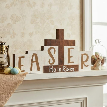 Easter Resurrection Decorations Religious He is Risen Sign Easter Wooden Table Centerpieces with Farmhouse Rustic Cross Hanging Christian Tiered Tray Decor for Spring Table Home Shelf Decor - style: Crucifix