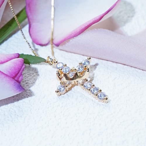 Gold Cross Necklace for Women, 14K Gold Plated - style: Crown CZ Cross