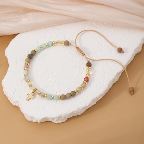 Cross Bracelets for Women Girls, Christian Gifts for Women Natural Stone Beaded Bracelets First Communion Confirmation Baptism Gifts Catholic Easter Christmas Inspirational Gift Jewelry - color: Agalmatolite - Every Day