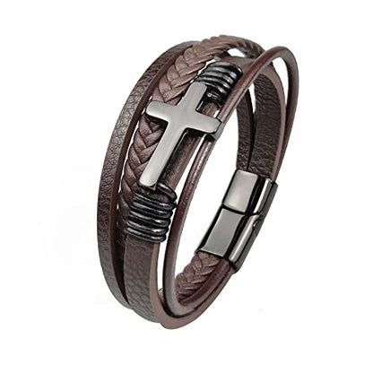 Mens Brown Leather Bracelet Multi-Layer Braided Leather Cross Bracelet Religious Confirmation Gifts - color: Brown Leather Black Cross