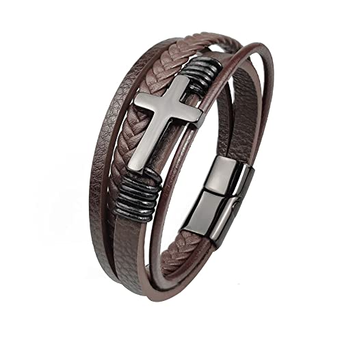 Mens Brown Leather Bracelet Multi-Layer Braided Leather Cross Bracelet Religious Confirmation Gifts - color: Brown Leather Black Cross