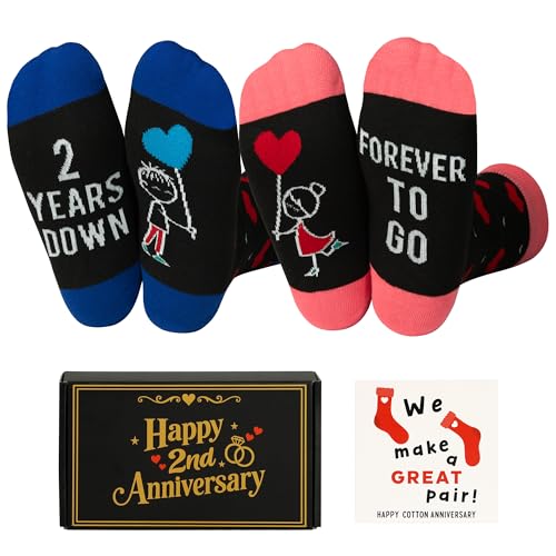 2nd Anniversary Couple Socks Gift – 2 Pairs of Matching Socks, 2 Year Anniversary Card & Gift Box, Cotton Anniversary Set for Couples, Him, Her, Husband, Wife