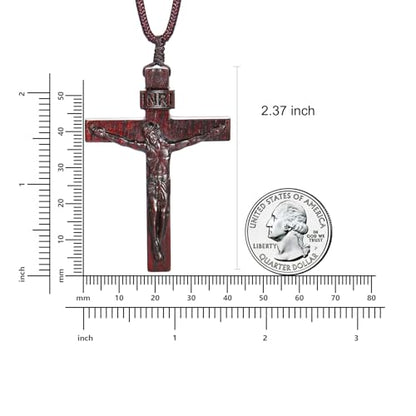 Rnivida Natural Wooden Crucifix Cross Necklace for Men - Handmade Adjustable Rope Chain with Large Religious Pendant, Catholic Christian Spiritual Jewelry Gifts - color: Brown