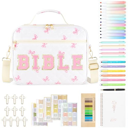 Personalized Initial Bible Cover Case for Women Bible Bag w/Study Supplies - color: Pink Bow, size: Pink Bow-Bible