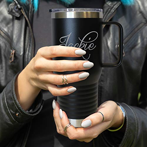 The Wedding Party Store Custom Personalized 20 oz Stainless Steel Powder Coated Vacuum Insulated Double Walled Travel Tumbler Coffee Mug with Handle and Lid (Black) - color: Black