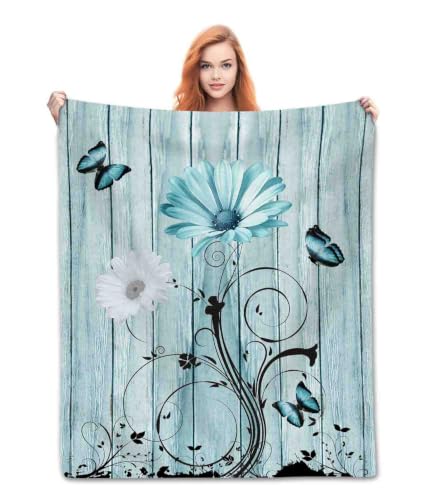 Daisy Throw Blanket, Rustic Teal Rural Butterfly Flannel Blanket 30"×40" - color: Daisy 02, size: 30x40 inch