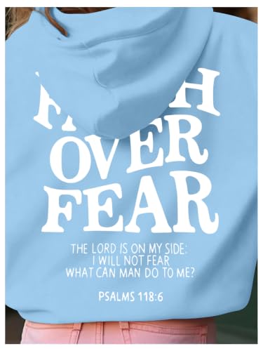 BANGELY Faith Over Fear Hoodie Girl's Christian Sweatshirt Long Sleeve Tops - color: Blue, size: 7-8 Years