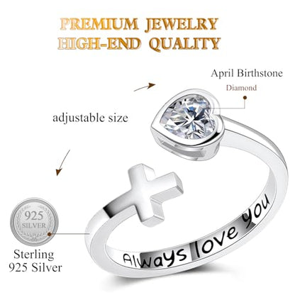 Adjustable Cross Ring for Women 925 Sterling Silver Fine Jewelry Gift for Her, Inspiration Christian Ring Faith Hope Love Cross Ring, Birthstone Ring - color: 04-Apr