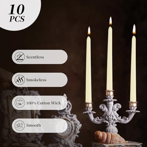 KONNI 0.87×10 Inch Ivory Taper Candles, Unscented and Smokeless Tall Candlesticks, 10 Pack Tapered Candles with Cotton Wicks, Long Burning, Ideal for Weddings, Dinner Parties, and Home Décor - color: Ivory