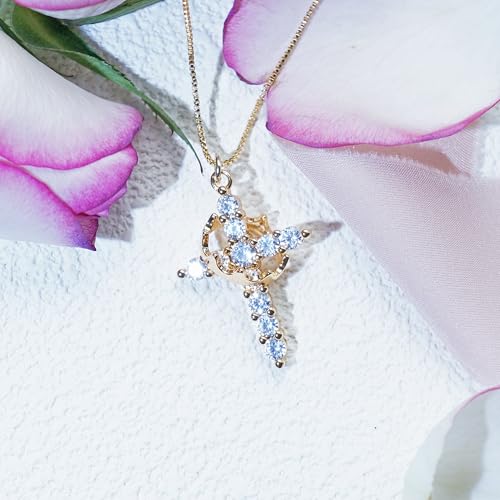 Gold Cross Necklace for Women, 14K Gold Plated - style: Crown CZ Cross