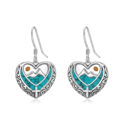 AOBOCO 925 Silver Mustard Seed Cross Heart Dangle Drop Earrings Women - color: Silver-Turquoise