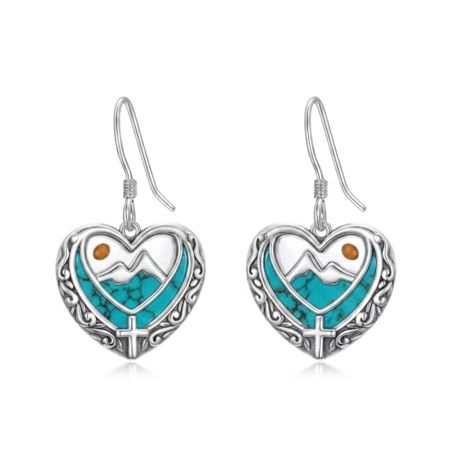 AOBOCO 925 Silver Mustard Seed Cross Heart Dangle Drop Earrings Women - color: Silver-Turquoise