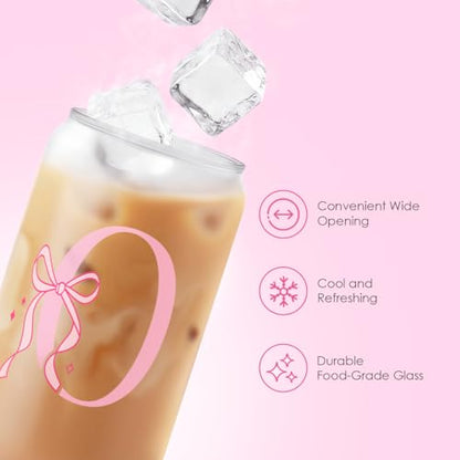SANDJEST Monogrammed Glass Drinking Can Cup with Acrylic Lid and Straw, Personalized Frosted Iced Coffee Tumbler 16oz, Monogram Initial Gifts for Women Girls on Birthday (O) - color: O