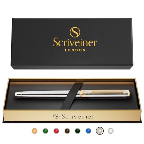 Scriveiner Silver Chrome Rollerball Pen - Stunning Luxury Pen, Real Gold Plating, Schmidt Ink Refill, Best Roller Ball Pen Gift Set for Men & Women, Professional, Executive Office, Fancy Pens - color: 10. Silver Chrome with Gold