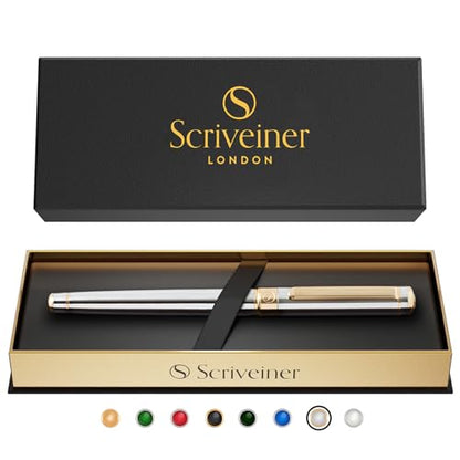 Scriveiner Silver Chrome Rollerball Pen - Stunning Luxury Pen, Real Gold Plating, Schmidt Ink Refill, Best Roller Ball Pen Gift Set for Men & Women, Professional, Executive Office, Fancy Pens - color: 10. Silver Chrome with Gold
