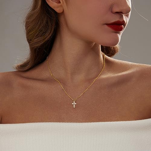 Zeffy Cross Necklace for Women,18K Gold/Silver Plated Tiny Cubic Zirconia Cross Pendant Necklace for Women Simple Layered Cross Necklaces for Women - color: Gold Pearl Cross