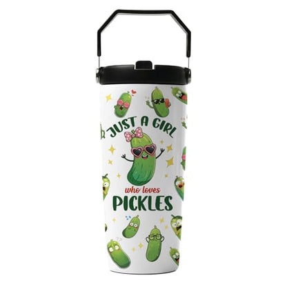 Hiboss Pickle Gifts Tumbler with Handle and Flip Straw 28oz, Insulated Stainless Steel Just A Girl Who Loves Pickles Travel Cup Mug, Birthday Gifts for Pickled Cucumber Lover Women Girls - color: Pickle