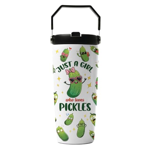Hiboss Pickle Gifts Tumbler with Handle and Flip Straw 28oz, Insulated Stainless Steel Just A Girl Who Loves Pickles Travel Cup Mug, Birthday Gifts for Pickled Cucumber Lover Women Girls - color: Pickle