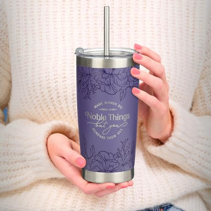 Christian Art Gifts Large Stainless Steel Insulated Travel Mug Tumbler & Reusable Straw: Women Do Noble Things Inspirational Scripture, Sturdy Flip Lid, Double Wall Vacuum, Cute Purple Floral, 18 oz. - color: Purple Floral/Noble Things