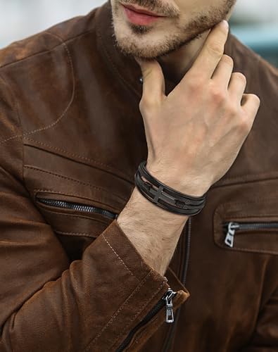 YL Cross Masonic Leather Mens Bracelet, 18K Gold/Black Rhodium Plated Christian Religious 316L Stainless Steel Brown Cuff Handcrafted Jewelry Gifts - color: Cross A-Black, size: 9.1"(230mm)