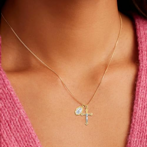 Rnivida 925 Sterling Silver Crucifix Cross and Miraculous Medal Pendant Necklace for Women - color: Gold, size: 18 inches