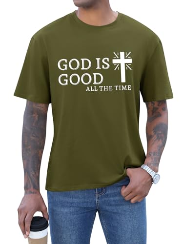 Mens Christian Shirts Shorts Sleeve Crewneck Jesus Cross Printed T Shirts Loose Graphic Tee - color: Army Green, size: Small