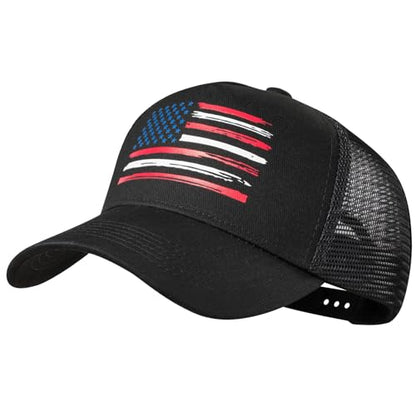 Baseball Cap, American Flag Trucker Hat for Men Women, Breathable Adjustable Fit Outdoor Mesh Snapback Hats - color: Black/Us Flag