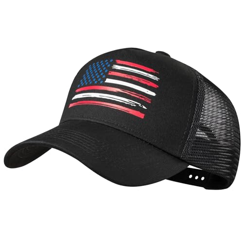 Baseball Cap, American Flag Trucker Hat for Men Women, Breathable Adjustable Fit Outdoor Mesh Snapback Hats - color: Black/Us Flag