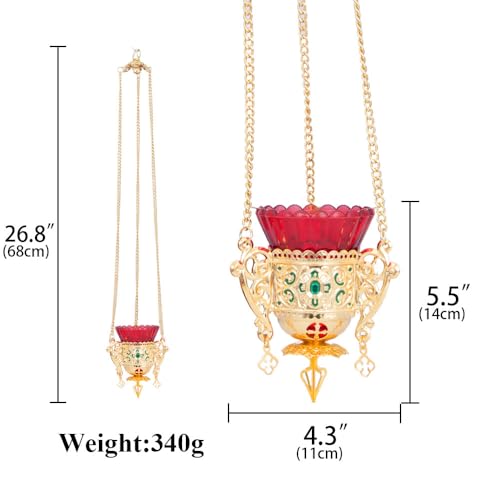 Orthodox Christian Hanging Oil Lamp, Orthodox Vigil Oil Lamps with Red Glass Cup, for Religious Ceremonies and Daily Use (Red) - color: Red