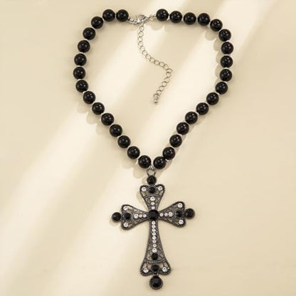 Pearl Cross Necklace Big Cross Pendants Necklaces for Women Chunky Pearl Necklace Gothic Cross Necklace Punk Vintage Cross Jewelry Women - style: Black