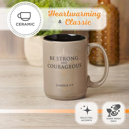 Christian Art Gifts Large Ceramic Coffee Scripture Mug for Men & Women - color: Tan & Black/Strong & Courageous