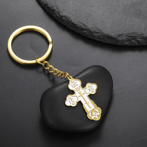 TEAMER Cross Keychain Russian Orthodox Crucifix Eastern Church Keychain Religious Christian Prayer Jewelry for Men Women - color: White Gold